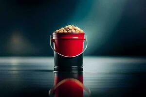 a red bucket filled with peanuts on a table. AI-Generated photo