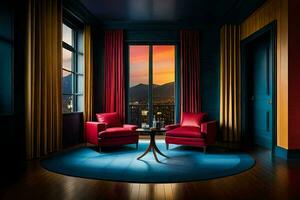 a room with two red chairs and a table. AI-Generated photo