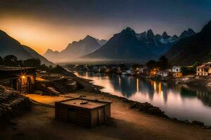 un río y casas en el montañas a puesta de sol. generado por ai foto