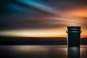 a coffee cup sitting on a table in front of a sunset. AI-Generated photo