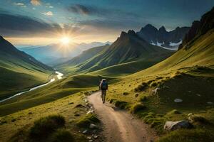 el hombre es caminando en el camino en el montañas. generado por ai foto