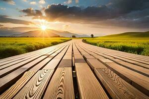 a wooden walkway leads to the sun. AI-Generated photo