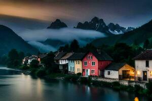 photo wallpaper the sky, mountains, river, houses, the night, the mountains, the river. AI-Generated