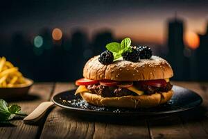 a hamburger with berry and cheese on a plate. AI-Generated photo