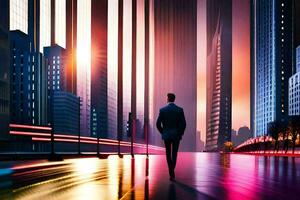 a man in a suit walks down a city street. AI-Generated photo