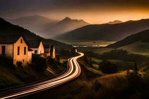 photo wallpaper the sky, road, mountains, house, road, the road, the road,. AI-Generated