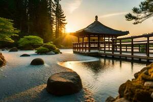 a japanese garden at sunset. AI-Generated photo