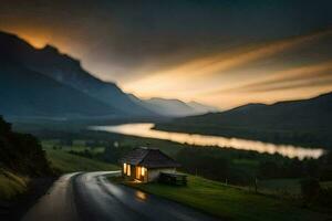 un casa en un la carretera en el montañas. generado por ai foto