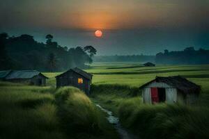 a small hut in the middle of a field with a sun setting behind it. AI-Generated photo