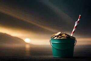 a bucket filled with coins and a straw. AI-Generated photo