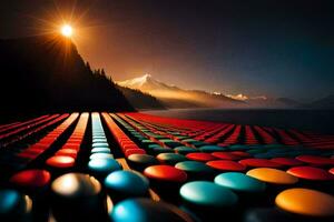 un fila de vistoso pastillas en un playa con el Dom brillante. generado por ai foto