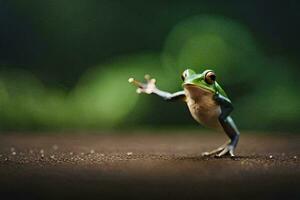 a frog standing on its hind legs with its arms outstretched. AI-Generated photo