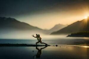 un mujer es corriendo en el agua a puesta de sol. generado por ai foto