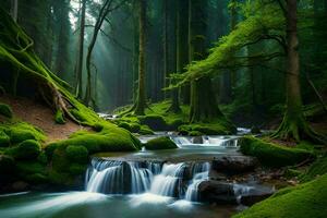 the green forest is full of waterfalls and streams. AI-Generated photo