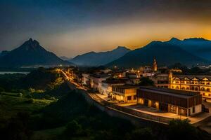 a town at dusk with mountains in the background. AI-Generated photo