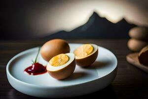 a plate with two boiled eggs on it. AI-Generated photo