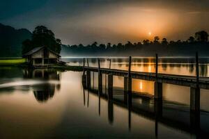 un de madera puente terminado un lago a puesta de sol. generado por ai foto