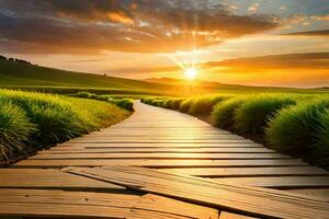 a wooden path leads to the sunset in a field. AI-Generated photo