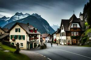 a street in the mountains with houses and mountains in the background. AI-Generated photo