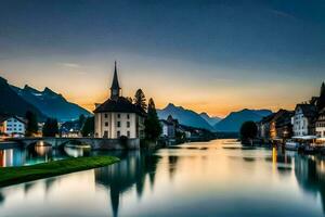 el Dom conjuntos terminado un río en Suiza. generado por ai foto