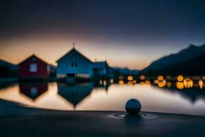 a ball sits on the ground in front of a house. AI-Generated photo