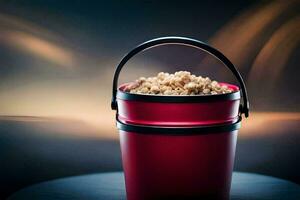 a red bucket filled with food sitting on a table. AI-Generated photo
