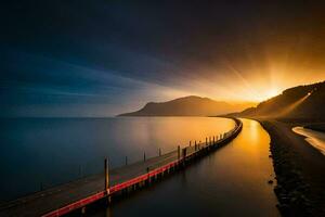 a pier in the ocean at sunset. AI-Generated photo