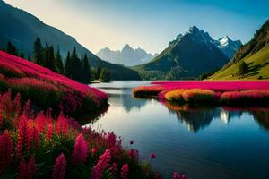 hermosa paisaje con rosado flores y montañas. generado por ai foto