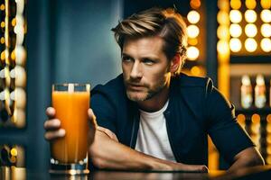 a man is holding a glass of orange juice. AI-Generated photo
