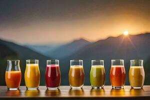 a row of glasses with different colored juices. AI-Generated photo