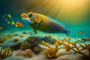 an underwater scene with a colorful fish. AI-Generated photo