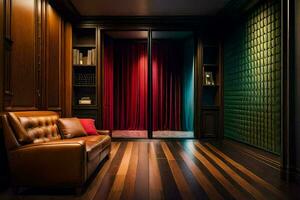 a room with a leather couch and wooden paneling. AI-Generated photo