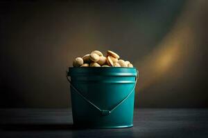 a bucket filled with peanuts on a dark table. AI-Generated photo