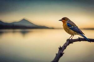 a blue bird sits on a branch near a lake. AI-Generated photo