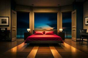 a bedroom with a view of the ocean. AI-Generated photo