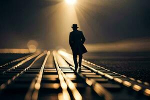 a man in a hat and top hat walking on railroad tracks. AI-Generated photo