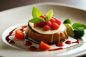 un postre en un plato con bayas y salsa. generado por ai foto