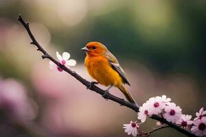 un pequeño naranja pájaro se sienta en un rama con rosado flores generado por ai foto