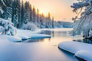 winter landscape with snow covered trees and river. AI-Generated photo