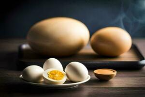 a bowl of eggs and a half of an egg. AI-Generated photo