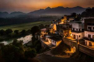 el puesta de sol terminado el pueblo de persona, India. generado por ai foto