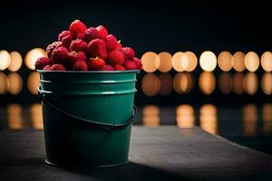 a bucket of strawberries on a table in front of a blurred background. AI-Generated photo