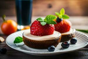 dos mini magdalenas con fresas y arándanos en un blanco lámina. generado por ai foto