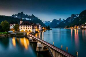 un puente terminado un río y montañas a oscuridad. generado por ai foto