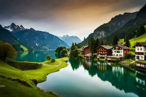 un lago y casas en el montañas. generado por ai foto