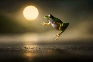 a frog jumping in the air with a full moon in the background. AI-Generated photo