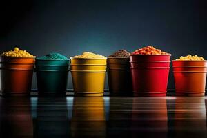 a row of colorful buckets with different colored food. AI-Generated photo