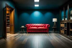 a red couch in a dark room with blue walls. AI-Generated photo