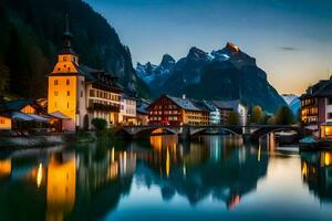 el pueblo de hallstatt, Austria. generado por ai foto