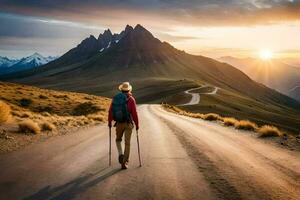 un hombre con un mochila y emigrar polos caminando abajo un la carretera en el montañas. generado por ai foto